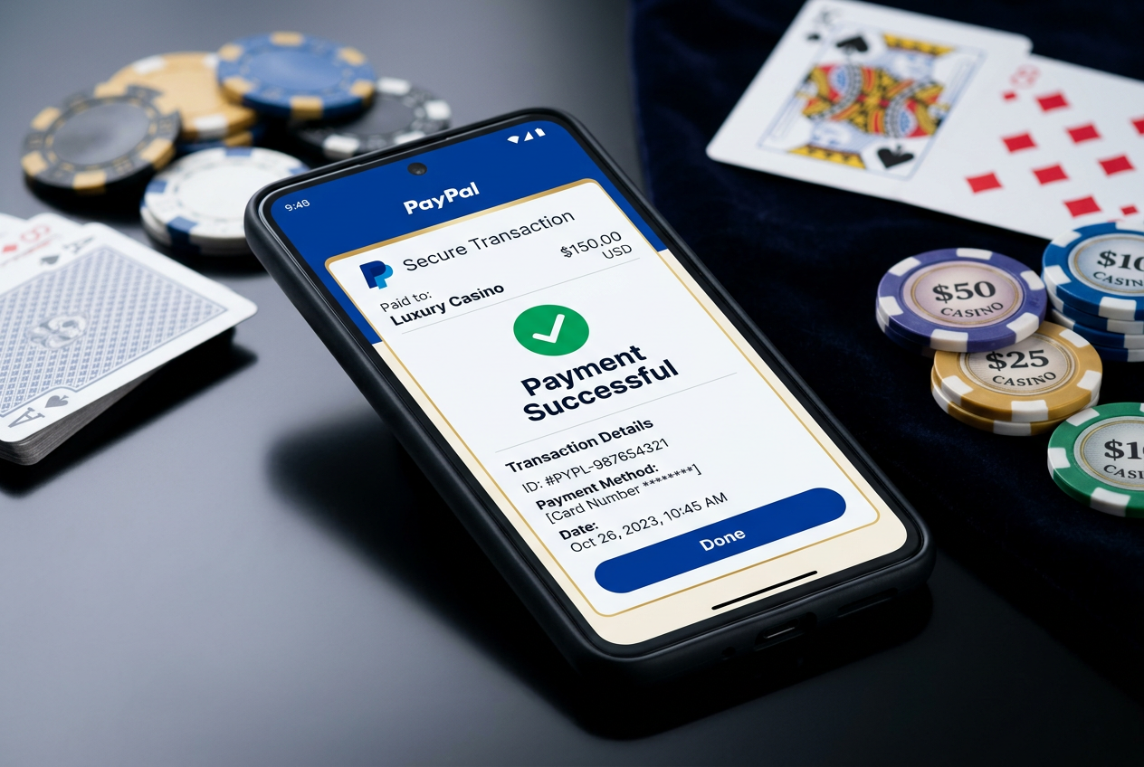 Mobilní telefon se zobrazenou potvrzenou transakcí PayPal vedle moderního grafického rozhraní kasina