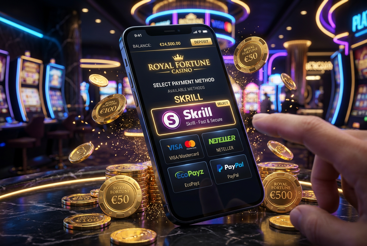 Moderní rozhraní platební brány Skrill v online kasinu na mobilním telefonu